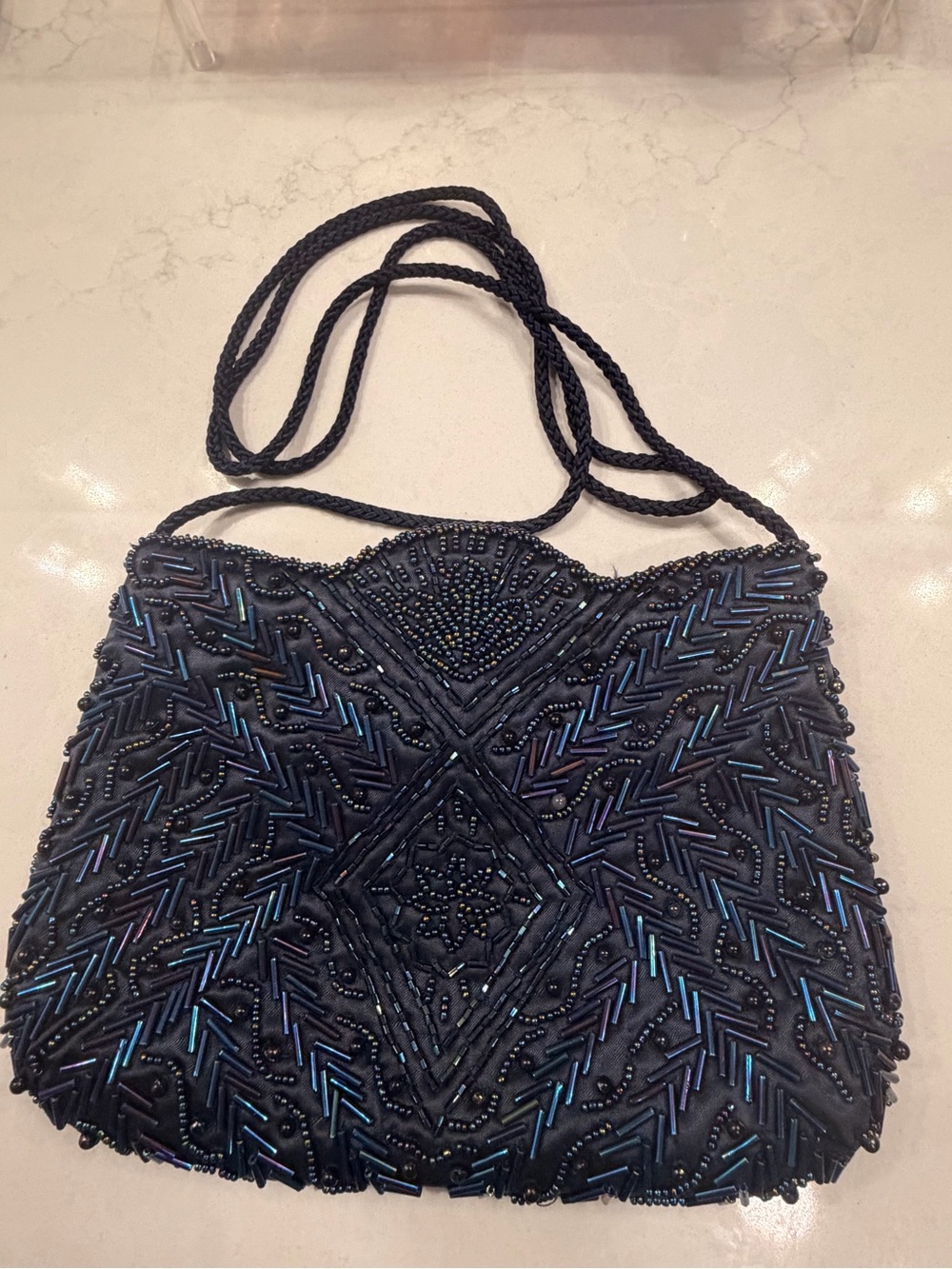 Bechamel Black Beaded Mini Shoulder Bag with Iridescent Blue Accents